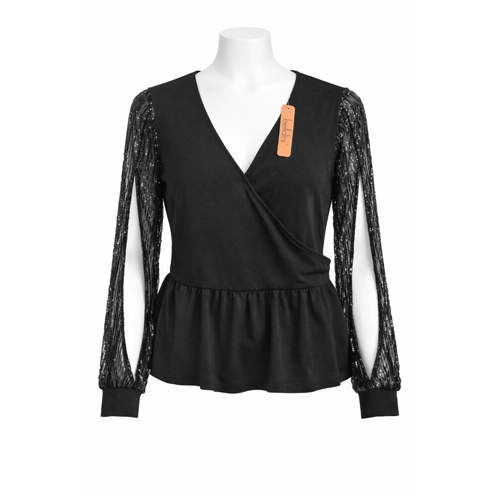 Bellini Black Wrap Peplum Blouse Sequin Sleeve Dressy Party Women S‎